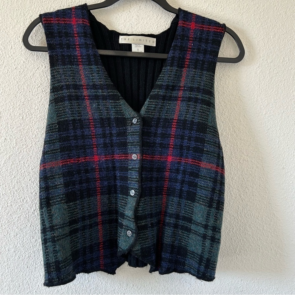 THE LIMITED VTG Women’s Knit Vest Small 100% Wool Academia Layer Green Blue